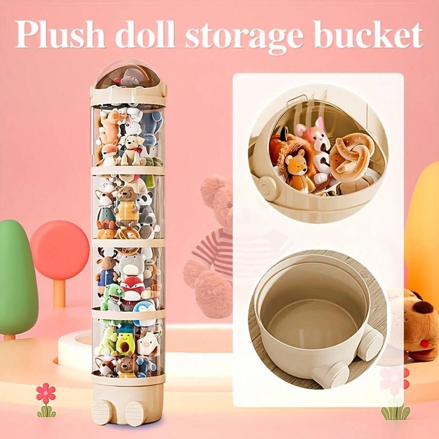 LOVEWE 4-Layer Round Doll Storage Box With Lid - Easy-Move Plastic Toy Organizer, Stuffed Animal Storage Tube For Dolls & Misc, Ideal Christmas Gift - 奶油白 - 查看 1