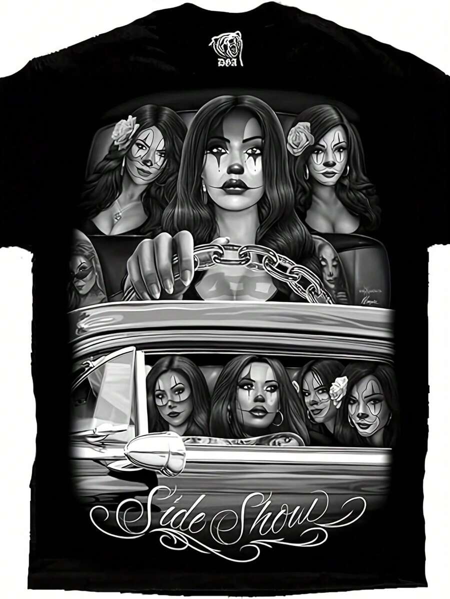 Side Show Cruising Lowrider Sexy Payasa Clown D Gonzales Art DGA T Shirt_ Design Street Trending Style Casual Love Lover Tee Mens Comfortable Cotton Round Neck Short Sleeves T-Shirt 180g, Streetwear Fashion, Everyday Tee, Artistic Design, Bold Print, Comfortable Fit, Durable Material, Printed Top, Mens Tshirt, Urban Trendsetters, Fashion Lovers - 黑色 - 查看 1