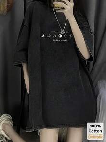 Oversized Vintage Black Washed Long Sleeve T-Shirt For Women, Moon Print Pattern Summer Casual - Black - View 2