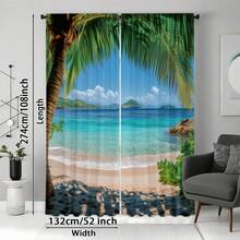 2 tấm rèm cửa họa tiết bãi biển nhiệt đới, chất liệu polyester 120g, kiểu may túi luồn thanh treo, in chuyển nhiệt họa tiết mùa xuân, bán trong suốt, theo mùa, rèm trang trí cho phòng khách, phòng ngủ, kiểu xếp ly trên, có thể giặt máy. - Nhiều màu - Xem 12