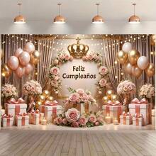 1. 西班牙语“生日快乐”横幅背景 - 粉色幕布，饰有礼物和玫瑰气球图案设计，非常适合用作生日庆祝背景、拍照道具、派对家居装饰、生日礼物、室内外活动、礼品、影棚道具和活动策划必备品。 - 彩色 - 查看 2