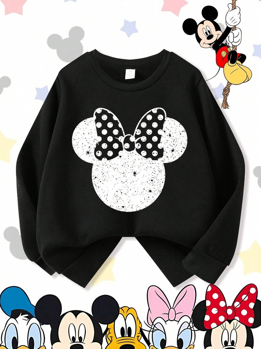 Disney Classic Minnie Mouse Head Silhouette Polka Dot Bow Distressed Comfortable Print Young Girls' Long Sleeve Sweatshirt, Suitable For Autumn/Winter, Lightweight And Cozy, Great For Layering In Fall, Fashionable Casual Wear, Graphic Design, Back To School Season, Autumn, Back To School Party, Suitable For Outdoor Picnic, Street Photography, Home, Campus, Holidays, New Year Gift - 黑色 - 查看 1