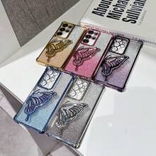 Shockproof, Transparent, Fashionable Electroplated Cushion Glitter Butterfly Stand Phone Case For Samsung Galaxy S26/S22/23/24/25/S24 FE/S25 EDGE, A04/05/06/A07/A14/A15/A16/A17/A24/A25/A34, Note 9/10/11/12/13, 9/10/12/13C 14C, MOTO, Honor X, HW, RENO C53 C55 C61 C63 C75,International Version, Not The Domestic Version - Silver - View 6