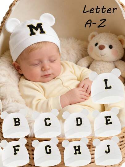 1pc Newborn Cartoon Bear Ear Hat, 26 Letters, Soft Unisex Baby Cap, Solid Color Knit Beanie, Suitable For Baby Photography, 0-3 Months