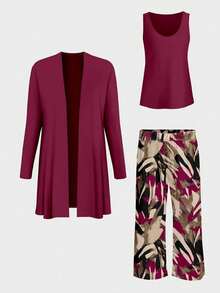 3pcs Women's Fashionable Printed Commuting Outfit Set Spring Vacation - Burgundy - View 3