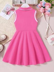 Vestido casual con cuello polo y estampado de dibujos animados para niñas pequeñas - Rosa Fucsia - Ver 2