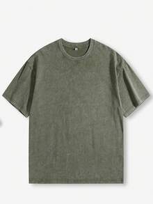 American Retro Style, 230g Heavyweight Washed Distressed Short-Sleeved T-Shirt For Men. High-Weight Pure Cotton, Thick And Opaque, With A Snowflake Wash Process. Loose, Drop-Shoulder, Oversized Fit. Street Style, Versatile, Basic, Suitable For Everyday Wear, Commuting, And Casual Wear. - 綠色 - 查看 4