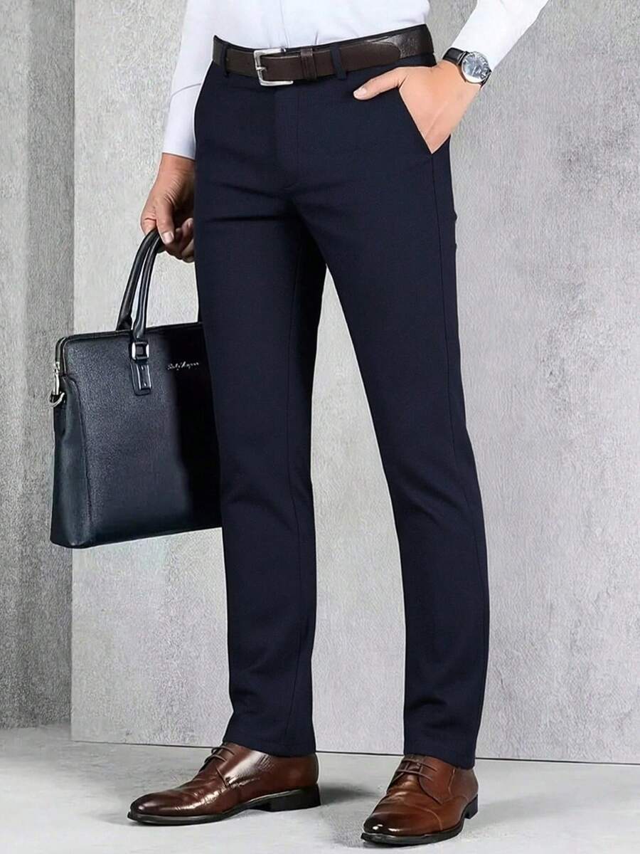 Men's Classic Design Trousers, Printed Craftsmanship, Solid Color Elastic Business Pants For Spring & Summer, Elegant Luxury Style, Men's Pants - Navy Blue - View 1