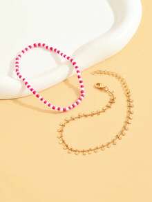2pcs Fashionable, Sexy & Elegant Beaded Chain Anklets With Tassel Pendants, Suitable For Beach, Casual, Party, Music Festival Outfits (Colorful Beads Randomly Arranged, Handmade Chain Length, Random Number Of Round Pendants) - Hot Pink - View 2