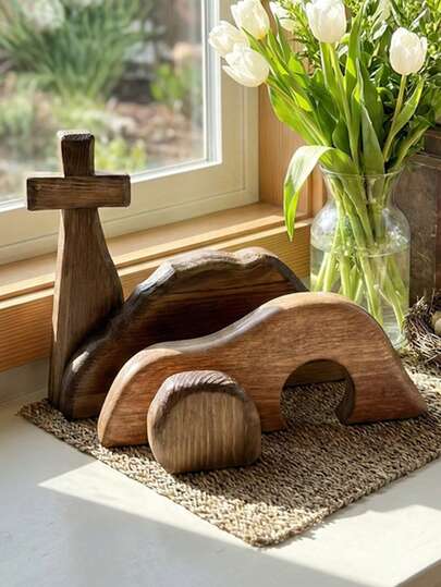 4 piezas Decoración de escena de la tumba vacía de Jesús con cruz de madera, Juego de bandeja de cruz de la tumba de Jesús, Decoración de escena de la natividad de Jesús, Escena de la resurrección de Pascua, Decoración de rompecabezas de tumba vacía con cruz, Decoración cristiana minimalista para el hogar, Adecuado para regalo religioso de familia cristiana, escritorio de oficina, Adecuado para niños y familias