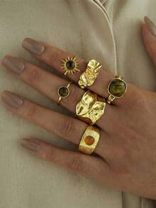 Set de 6 anillos de acrílico con diseño único de girasoles dorados, set de anillos de mujer de diseño exclusivo, adecuado para fiestas, vacaciones, sesiones de fotos, regalos, uso diario - Dorado - Ver 2