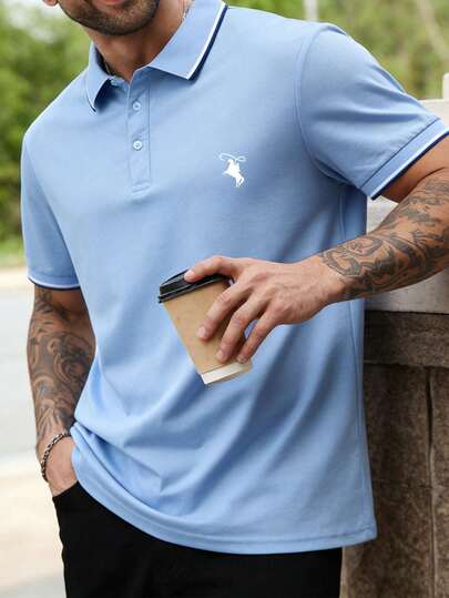 Men's Casual Solid Color Button Polo Shirt, Summer Men's Polo Shirt