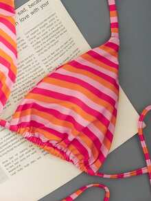 Women's Sexy Fashion Minimalist Elegant Romantic Two Pieces Casual Beach Travel Party Reversible Striped Print Halter Swimwear Set, Spring/Summer New Arrival - Orange - View 5