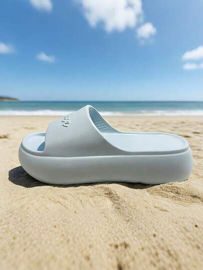 Women's Light Blue EVA Thick-Sole Slip-On Sandals, Letter Decor On Upper, Thick Sole For Height Increase, Suitable For Petite, Anti-Slip