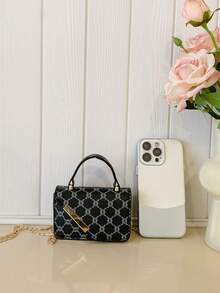 Women's Handbag, Fashion Chain Strap Mini Lipstick Bag, Jacquard Pattern Purse - Black - View 5