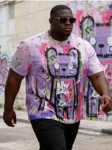 Camiseta de manga corta con estampado de graffiti colorido para hombres de talla grande, moda casual de cuello redondo, estilo hip hop y urbano - Multicolor - Ver 3