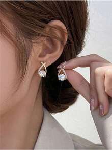 1pair Luxury And Elegant Twist Waterdrop Cubic Zirconia Stud Earrings For Decoration - 金子 - 查看 2