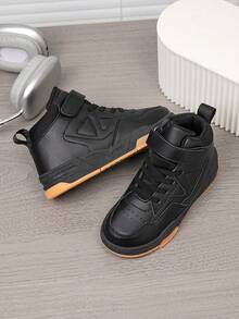 1 Pair Kids High-Top Breathable Casual Running Shoes, Easy On/Off, Lightweight & Comfortable, Fashionable Color Block Design, Suitable For Boys & Girls - Black - View 11