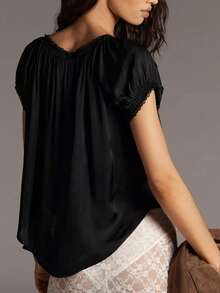 Women's Sweetheart Neck Puff Short Sleeve Blouse Lace Trim Button Front Relaxed Fit Boho Peasant Top - 黑色 - 查看 3
