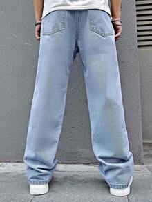 jeans hombre pantalones de hombre>mezclilla Jeans rectos de hombre de algodón con bordado floral - Celeste - Ver 2