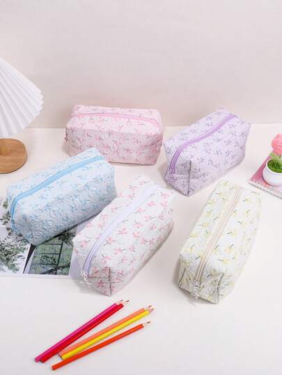 Large Capacity Pencil Pouch With Floral Wrinkle Texture – Canvas Fabric Zipper Pen Holder Case For School Supplies, Travel Makeup Brush Organizer, Office Desk Essentials And Portable Stationery Bag