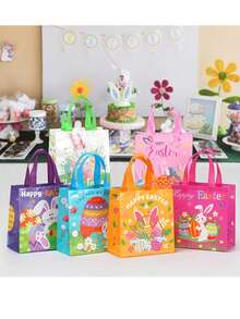 1/6个装可重复使用无纺布复活节彩蛋手提袋 | 印有兔子、复活节彩蛋和花卉图案，带提手，适合节日购物、派对礼品、复活节蛋糕、礼品包装、派对用品 - 彩色 - 查看 9
