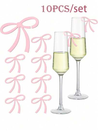 10pcs Black & Pink Bow Tie Wine Glass Markers, DIY Craft & Party Decor, Suitable For Wedding, Bachelorette Party, Bridal Shower, Birthday Party, Wine Glass Decoration, Theme Party, 1pc