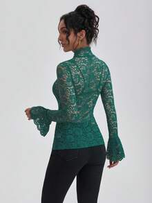 Women's Lace Collar Hollow Long Sleeve Slim Fit Top, Green, Suitable For Summer, Ramadan, St. Patrick's Day - Green - View 7
