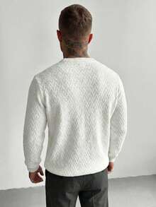 Men's Diamond Textured Sweater - Crew Neck Long Sleeve Knit Pullover, Solid Color Minimalist Waffle Knit Base Layer, Comfortable Breathable Men's Knit Top For Spring & Autumn - أبيض - مشاهدة 5