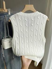 Early Spring New Knitted Casual Embroidered V-Neck Drawstring Vest Pullover, Collegiate Style For Women - Beige - View 5