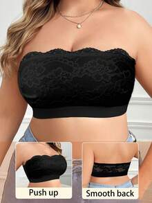 Sujetador inalámbrico de encaje con parches y hebilla lateral, talla grande y cómodo - Negro - Ver 4