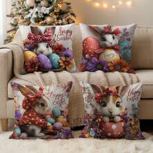 4pcs Easter Cute Rabbit Plush Print Pillow Covers, 18" X 18", Rabbit & Easter Egg Print Decorative Cushion Covers For Living Room, Bedroom, Sofa, Bed, Outdoor, Pillow Inserts Not Included - Multicolor - View 8