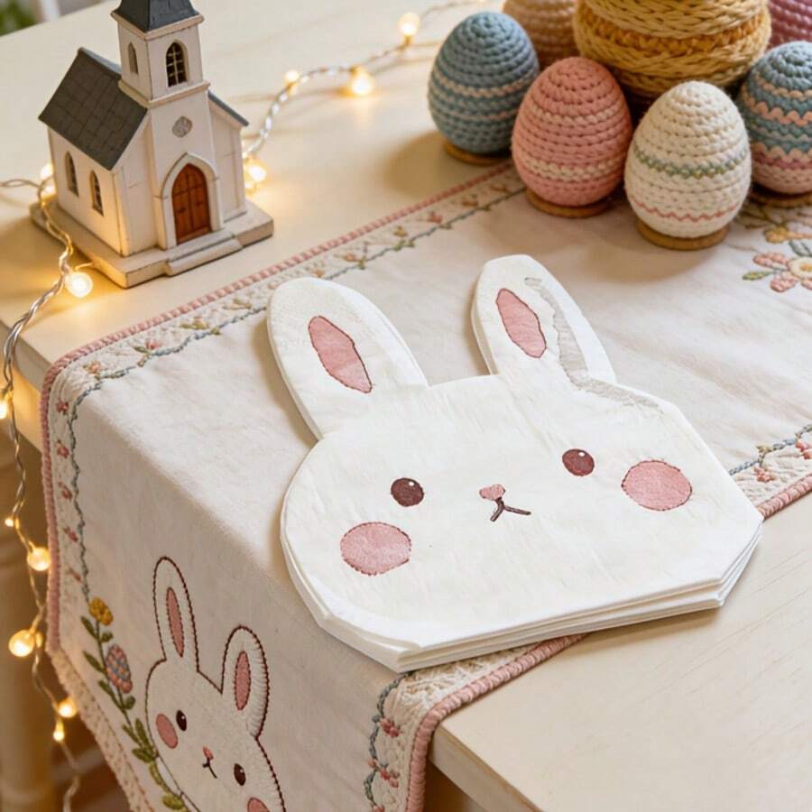 20pcs Cute Rabbit Shaped Disposable Paper Napkins, Celebrate Easter! Each Napkin Is Cut Into An Adorable Rabbit Head Shape, With A Sweet Expression And Pink Inner Ears, Creating An Imaginative And Festive Tabletop Setting. - YX066 - View 1