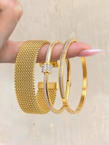 3/1pc Golden Jewelry Set, Exquisite And Fashionable Stainless Steel Bangle, Tailored For Romantic Dating, Glamorous Party Events, Daily Office Commutes, And An Ideal Valentine's Day Gift, Crafted With A Seamless Silhouette And Unique Mixed-Texture Designs That Exude Modern Charm, Comfortable For All-Day Wear And Effortlessly Elevates Any Outfit With Understated Luxury To Make You Stand Out In Any Crowd - Gold - View 4