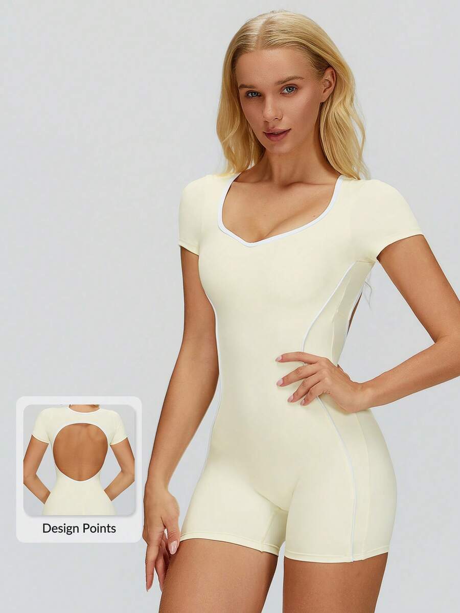 MASKERT 高弹力女士运动连体裤，时尚露背设计，紧身塑形，夏季健身瑜伽连体裤 - 鵝黃色 - 查看 1