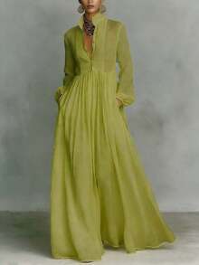 French Waist And Thin Long-Sleeved Pleated Dress Temperament Elegant Retro Casual Vacation Style - 綠色 - 查看 1