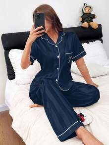 2pcs Striped Subtle Textured Satin Short-Sleeve And Pants Pajama Set - Spring/Summer Comfortable Casual Loungewear Set - Màu xanh lam - Xem 4