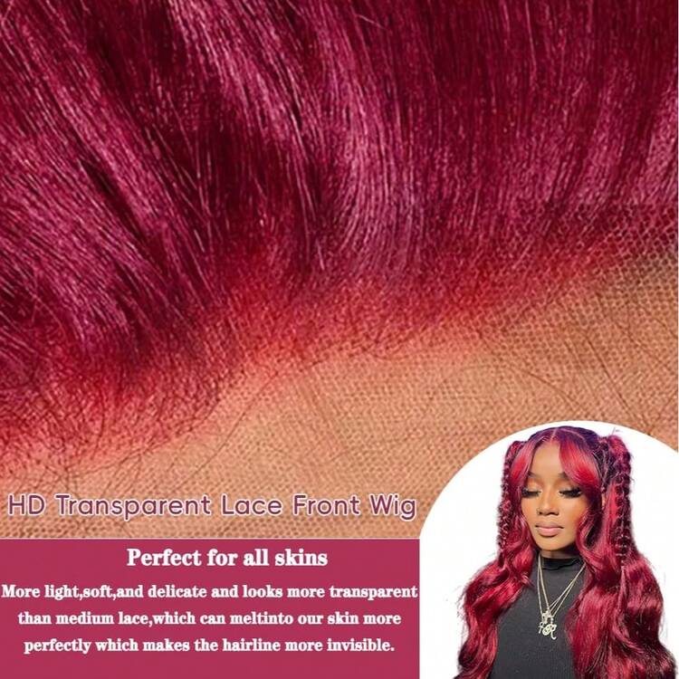 200% Density 28 Inch Body Wave Human Frontal Hair Wig 13x4 HD SKINLIKE Lace Front Natural Hairline Wig Pre-Plucked Bleached Knots Burgundy 99j Color Adjustable Part Blended Hair Wigs For Women - SBUG - View 8