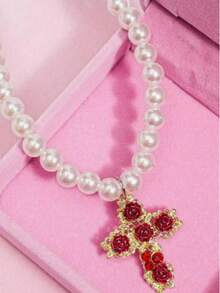 Cute, Sweet, Elegant, Minimalist, Japanese/Korean Style Rose Cross Beaded Necklace - Multicolor - View 2