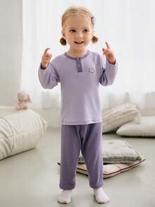 mini bala Baby Girl Lounge Wear Set, Modal Fabric, Ultra Soft & Breathable, Skin-Friendly Pajama Set For Spring & Fall - Pink Purple - View 3