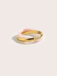 1pc 18K Gold Plated Stainless Steel Ceramic Cubic Zirconia Ring, Women's Jewelry, Wedding Party Date Gift - Pink and Gold - View 3