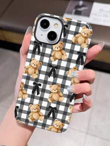 1pc Cute Cartoon Bear Bow Retro Plaid Pattern Glossy 2-In-1 Filmic Hard Phone Case, Suitable Compatible With Samsung/ 11/12/13/14/15/16/17 Pro Max - Multicolor - View 2