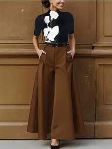 Quần ống rộng nữ màu trơn có túi, kiểu dáng thường ngày, đa năng, thích hợp đi làm, mùa xuân. - màu nâu - Xem 3