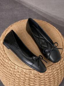 MonaNise 女士时尚方头套脚鞋,饰有米色蝴蝶结,平底,适合户外活动和秋季休闲穿着,有黑色、白色、酒红色、卡其色可选,百搭实用 - 黑色 - 查看 4