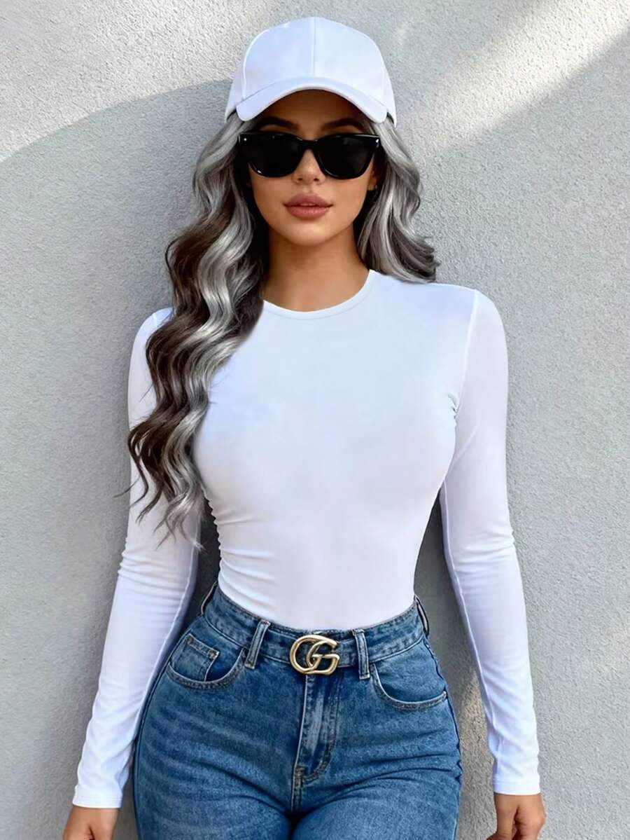 Women's Pure White Slim-Fit Fashionable T-Shirt With A Round Neckline. - White - View 1