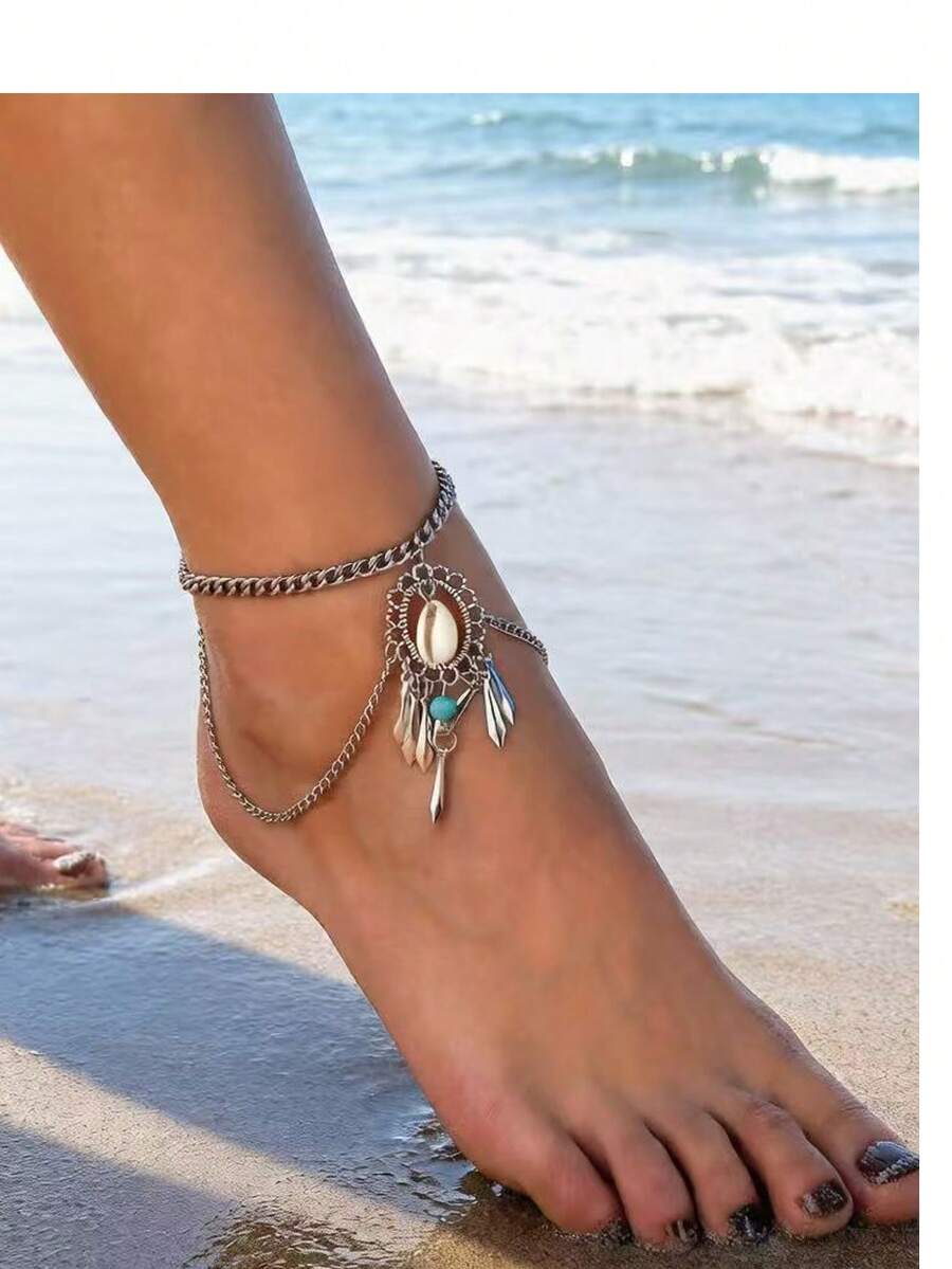 1件 时尚镂空合金和天然贝壳链吊坠脚链 - 銀色 - 查看 1