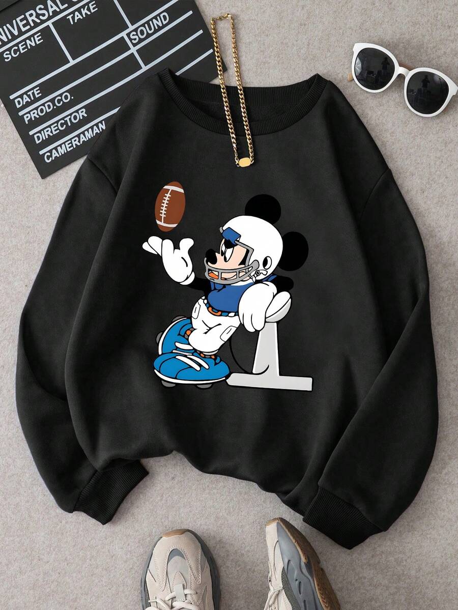 1pc Disney Mickey Mouse Tween Boys Sporty Sweatshirt With Football-Gear Mickey Graphic - Soft & Comfortable, Ideal For Casual Daily Wear & Outdoor Activities - 黑色 - 查看 1