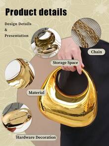 Mirror Acrylic Crescent Moon Box Handbag, Oversized Crescent Bag, Fashion Versatile Chain Shoulder/Crossbody Purse, Phone, Lipstick, Earphone Storage, Valentine's Day Gift, Comfortable And Fashionable, Stylish Handbag, Personalized Gift Choice, 2026 Accessory, Fashionable Style Suitable For All Occasions, Affordable Luxury Feel, Rebellious Party Bag, Perfectly Suitable For Parties, Weddings, Balls, Dinners/Banquets, Elegant Ladies Bag, Party Bags,Perfect For Party Wedding Prom Dinner/Banquet Matching With Holiday Party Dress Evening Dress & Sequin Dress Can Be Used As Valentine's Day, Thanksgiving, Halloween,Christmas Gift - 金色 - 查看 10