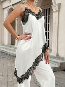 Camiseta larga de verano casual de tirantes finos con dobladillo asimétrico, de satén con adorno de encaje negro - Albaricoque - Ver 5