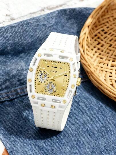 Guess 男士铂金色运动腕表，桶形表壳，镂空表盘，柔软硅胶表带，型号 GW0499G5，适合作为礼物